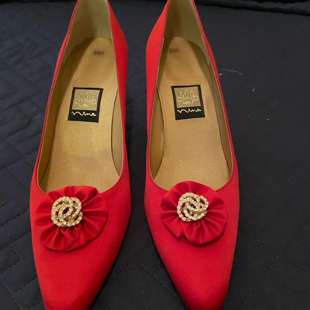 RED SATIN NINA PUMPS